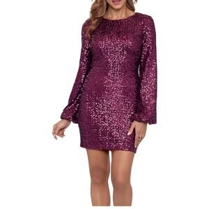 AQUA Sequin Long Sleeved Keyhole Cut Out Mini Sheath Cocktail Dress Red Size 10